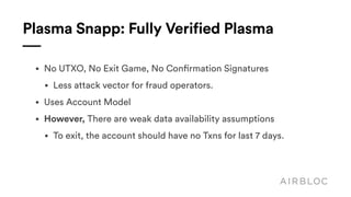 Plasma Snapp: Fully Verified Plasma
• No UTXO, No Exit Game, No Confirmation Signatures
• Less attack vector for fraud operators.
• Uses Account Model
• However, There are weak data availability assumptions
• To exit, the account should have no Txns for last 7 days.
 