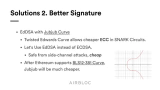 Solutions 2. Better Signature
• EdDSA with Jubjub Curve
• Twisted Edwards Curve allows cheaper ECC in SNARK Circuits.
• Let's Use EdDSA instead of ECDSA.
• Safe from side-channel attacks, cheap
• After Ethereum supports BLS12-381 Curve, 
Jubjub will be much cheaper.
 