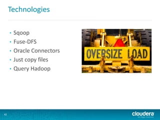 Technologies
• Sqoop
• Fuse-DFS
• Oracle Connectors
• Just copy files
• Query Hadoop
42
 