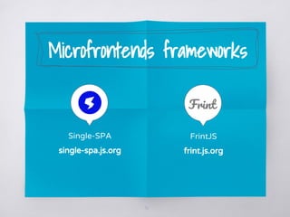 Microfrontends frameworks
30
Single-SPA
single-spa.js.org
FrintJS
frint.js.org
 