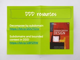 DDD resources
34
Decompose by subdomain
https://bit.ly/2DUTQ1v
Subdomains and bounded
context in DDD
https://bit.ly/1BPZfIW
 