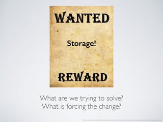 What are we trying to solve?
What is forcing the change?
http://oakdome.com/k5/lesson-plans/photo-editing/wanted-poster/wanted-reward-poster-background.jpg
Storage!
 