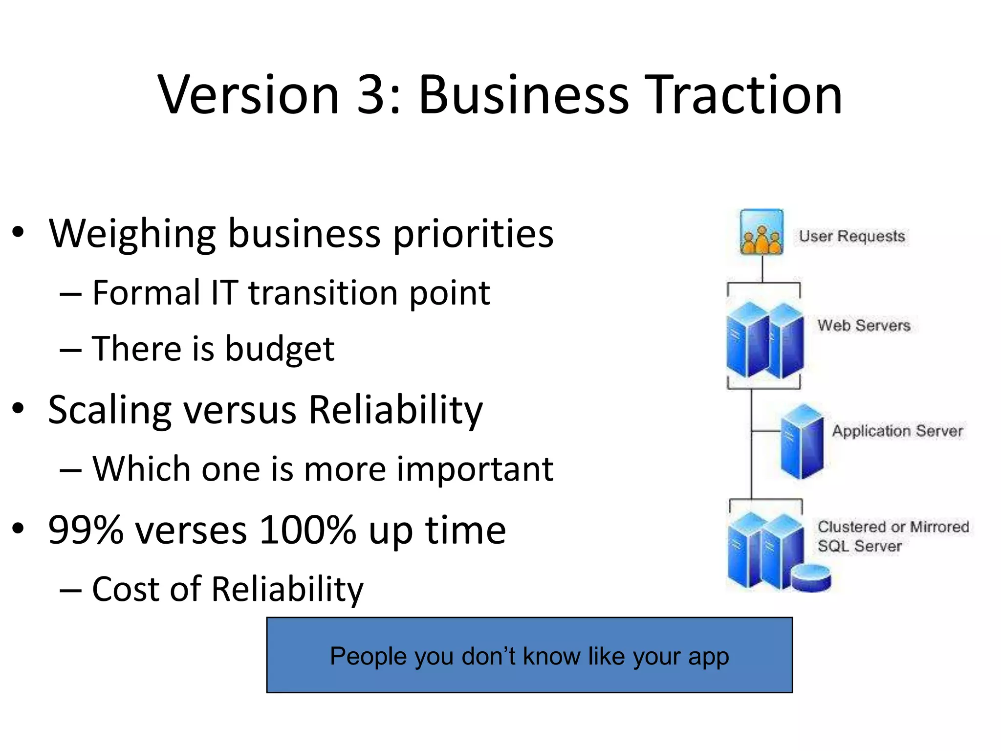 Version 3: Business Traction

• Weighing business priorities
  – Formal IT transition point
  – There is budget
• Scaling versus Reliability
  – Which one is more important
• 99% verses 100% up time
  – Cost of Reliability
                    People you don’t know like your app
 