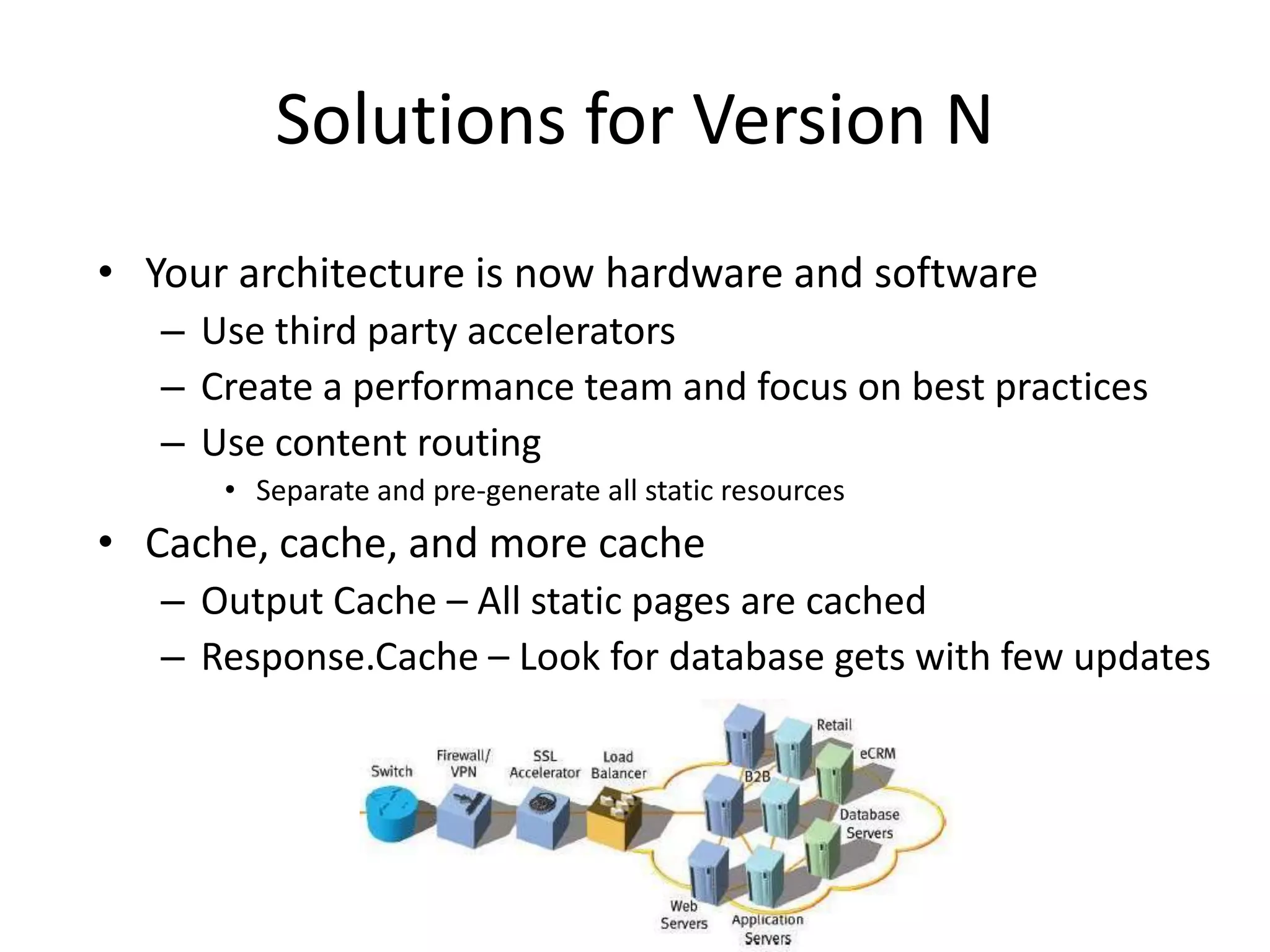 Solutions for Version N
• Your architecture is now hardware and software
   – Use third party accelerators
   – Create a performance team and focus on best practices
   – Use content routing
      • Separate and pre-generate all static resources
• Cache, cache, and more cache
   – Output Cache – All static pages are cached
   – Response.Cache – Look for database gets with few updates
 