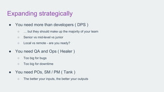 Expanding strategically
● You need more than developers ( DPS )
○ … but they should make up the majority of your team
○ Senior vs mid-level vs junior
○ Local vs remote - are you ready?
● You need QA and Ops ( Healer )
○ Too big for bugs
○ Too big for downtime
● You need POs, SM / PM ( Tank )
○ The better your inputs, the better your outputs
 