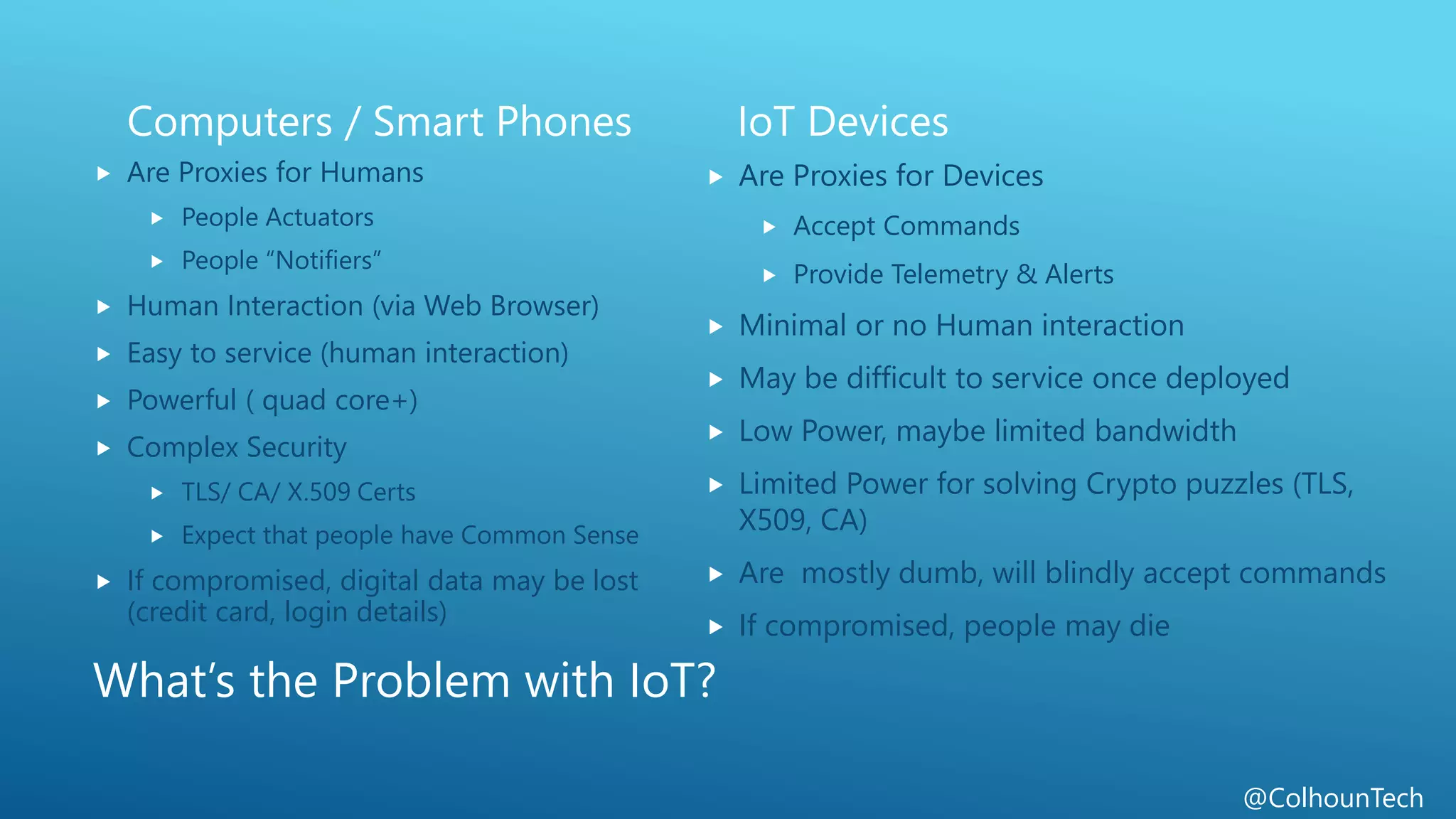 @ColhounTech
What’s the Problem with IoT?
Computers / Smart Phones
 Are Proxies for Humans
 People Actuators
 People “Notifiers”
 Human Interaction (via Web Browser)
 Easy to service (human interaction)
 Powerful ( quad core+)
 Complex Security
 TLS/ CA/ X.509 Certs
 Expect that people have Common Sense
 If compromised, digital data may be lost
(credit card, login details)
IoT Devices
 Are Proxies for Devices
 Accept Commands
 Provide Telemetry & Alerts
 Minimal or no Human interaction
 May be difficult to service once deployed
 Low Power, maybe limited bandwidth
 Limited Power for solving Crypto puzzles (TLS,
X509, CA)
 Are mostly dumb, will blindly accept commands
 If compromised, people may die
 