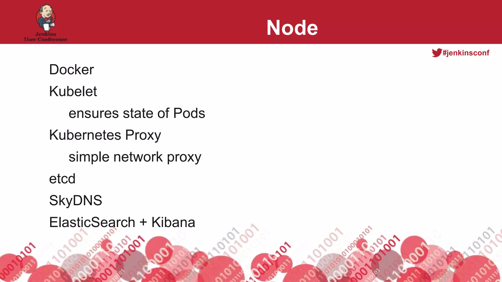 #jenkinsconf
Node
Docker
Kubelet
ensures state of Pods
Kubernetes Proxy
simple network proxy
etcd
SkyDNS
ElasticSearch + Kibana
 