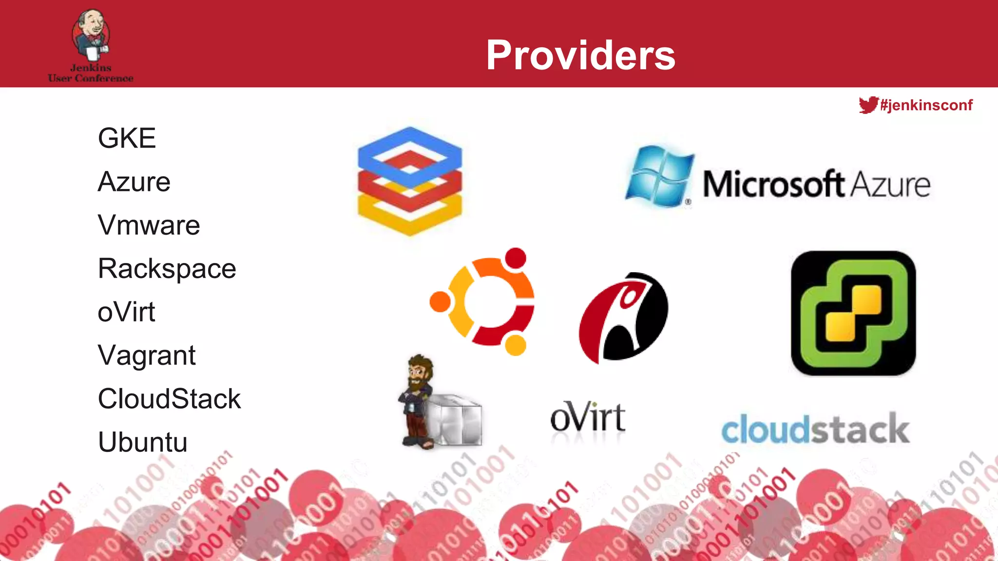 #jenkinsconf
Providers
GKE
Azure
Vmware
Rackspace
oVirt
Vagrant
CloudStack
Ubuntu
 
