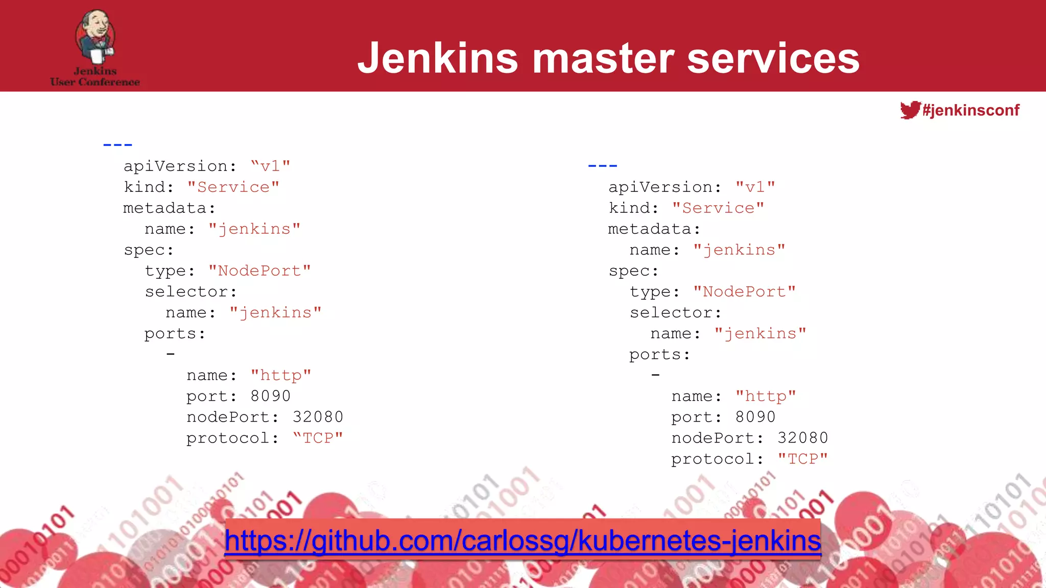 #jenkinsconf
Jenkins master services
---
apiVersion: “v1"
kind: "Service"
metadata:
name: "jenkins"
spec:
type: "NodePort"
selector:
name: "jenkins"
ports:
-
name: "http"
port: 8090
nodePort: 32080
protocol: “TCP"
---
apiVersion: "v1"
kind: "Service"
metadata:
name: "jenkins"
spec:
type: "NodePort"
selector:
name: "jenkins"
ports:
-
name: "http"
port: 8090
nodePort: 32080
protocol: "TCP"
https://github.com/carlossg/kubernetes-jenkins
 