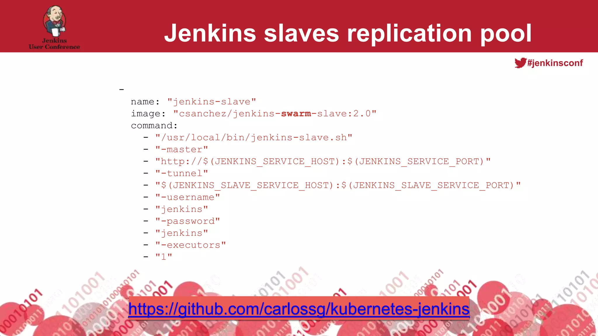 #jenkinsconf
Jenkins slaves replication pool
-
name: "jenkins-slave"
image: "csanchez/jenkins-swarm-slave:2.0"
command:
- "/usr/local/bin/jenkins-slave.sh"
- "-master"
- "http://$(JENKINS_SERVICE_HOST):$(JENKINS_SERVICE_PORT)"
- "-tunnel"
- "$(JENKINS_SLAVE_SERVICE_HOST):$(JENKINS_SLAVE_SERVICE_PORT)"
- "-username"
- "jenkins"
- "-password"
- "jenkins"
- "-executors"
- "1"
https://github.com/carlossg/kubernetes-jenkins
 