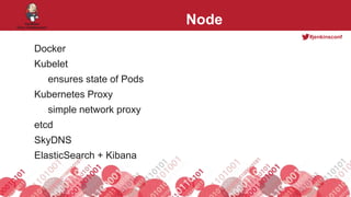 #jenkinsconf
Node
Docker
Kubelet
ensures state of Pods
Kubernetes Proxy
simple network proxy
etcd
SkyDNS
ElasticSearch + Kibana
 