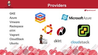 #jenkinsconf
Providers
GKE
Azure
Vmware
Rackspace
oVirt
Vagrant
CloudStack
Ubuntu
 