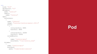 Pod
---
kind: "Pod"
apiVersion: "v1"
metadata:
name: "jenkins"
labels:
name: "jenkins"
spec:
containers:
-
name: "jenkins"
image: "csanchez/jenkins-swarm:1.609.2"
ports:
-
containerPort: 8080
hostPort: 8090
-
containerPort: 50000
hostPort: 50000
volumeMounts:
-
name: "jenkins-data"
mountPath: "/var/jenkins_home"
volumes:
-
name: "jenkins-data"
hostPath:
path: "/home/docker/jenkins"
 