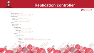 #jenkinsconf
Replication controller
---
apiVersion: "v1"
kind: "ReplicationController"
metadata:
name: "jenkins-slave"
labels:
name: "jenkins-slave"
spec:
replicas: 1
template:
metadata:
name: "jenkins-slave"
labels:
name: "jenkins-slave"
spec:
containers:
-
name: "jenkins-slave"
image: "csanchez/jenkins-swarm-slave:2.0"
env:
command:
 