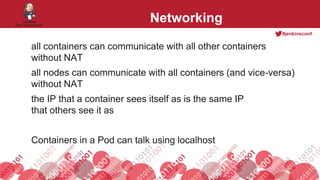 #jenkinsconf
Networking
all containers can communicate with all other containers
without NAT
all nodes can communicate with all containers (and vice-versa)
without NAT
the IP that a container sees itself as is the same IP
that others see it as
Containers in a Pod can talk using localhost
 