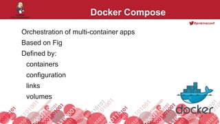 #jenkinsconf
Docker Compose
Orchestration of multi-container apps
Based on Fig
Defined by:
containers
configuration
links
volumes
 