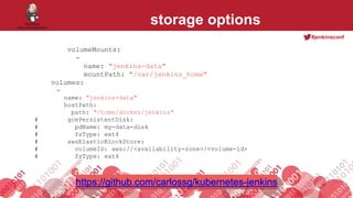 #jenkinsconf
storage options
volumeMounts:
-
name: "jenkins-data"
mountPath: "/var/jenkins_home"
volumes:
-
name: "jenkins-data"
hostPath:
path: "/home/docker/jenkins"
# gcePersistentDisk:
# pdName: my-data-disk
# fsType: ext4
# awsElasticBlockStore:
# volumeID: aws://<availability-zone>/<volume-id>
# fsType: ext4
https://github.com/carlossg/kubernetes-jenkins
 