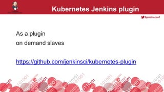 #jenkinsconf
Kubernetes Jenkins plugin
As a plugin
on demand slaves
https://github.com/jenkinsci/kubernetes-plugin
 