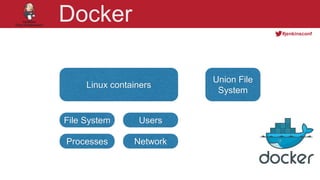 @YourTwitterHandle
#jenkinsconf
Docker
Linux containers
Union File
System
File System Users
Processes Network
 
