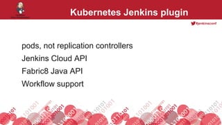 #jenkinsconf
Kubernetes Jenkins plugin
pods, not replication controllers
Jenkins Cloud API
Fabric8 Java API
Workflow support
 