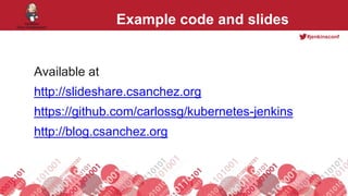 #jenkinsconf
Example code and slides
Available at
http://slideshare.csanchez.org
https://github.com/carlossg/kubernetes-jenkins
http://blog.csanchez.org
 