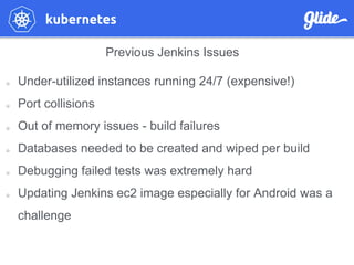 Previous Jenkins Issues
Under-utilized instances running 24/7 (expensive!)
Port collisions
Out of memory issues - build failures
Databases needed to be created and wiped per build
Debugging failed tests was extremely hard
Updating Jenkins ec2 image especially for Android was a
challenge
 
