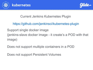 Current Jenkins Kubernetes Plugin
https://github.com/jenkinsci/kubernetes-plugin
Support single docker image
(jenkins-slave docker image - it create’s a POD with that
image)
Does not support multiple containers in a POD
Does not support Persistent Volumes
 