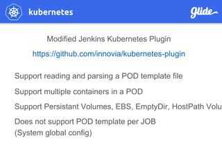 Modified Jenkins Kubernetes Plugin
https://github.com/innovia/kubernetes-plugin
Support reading and parsing a POD template file
Support multiple containers in a POD
Support Persistant Volumes, EBS, EmptyDir, HostPath Volum
Does not support POD template per JOB
(System global config)
 