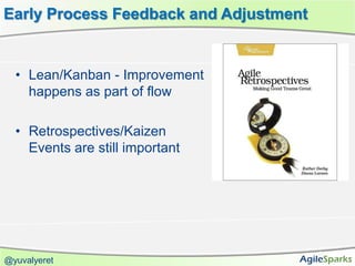 Early Process Feedback and Adjustment


  • Lean/Kanban - Improvement
    happens as part of flow

  • Retrospectives/Kaizen
    Events are still important




@yuvalyeret
 
