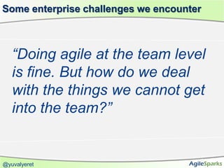Some enterprise challenges we encounter



   “Doing agile at the team level
   is fine. But how do we deal
   with the things we cannot get
   into the team?”


@yuvalyeret
 