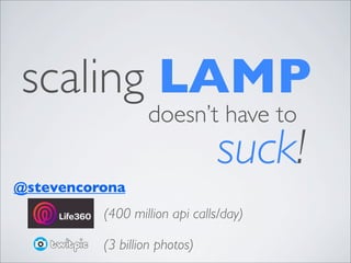 scaling LAMP
doesn’t have to
suck!
@stevencorona
(400 million api calls/day)
(3 billion photos)
 
