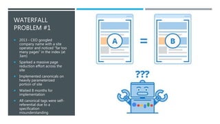 @KEITHGOODE
WATERFALL
PROBLEM #1
 2013 - CEO googled
company name with a site
operator and noticed “far too
many pages” in the index (at
3am)
 Sparked a massive page
reduction effort across the
site
 Implemented canonicals on
heavily parameterized
portion of site
 Waited 8 months for
implementation
 All canonical tags were self-
referential due to a
specification
misunderstanding
 