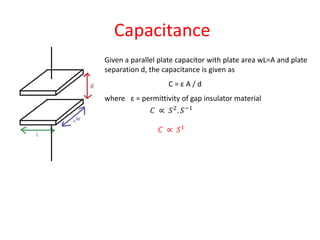 Capacitance
Given a parallel plate capacitor with plate area wL=A and plate
separation d, the capacitance is given as
C = ε A / d
where ε = permittivity of gap insulator material
 