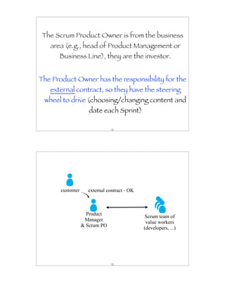 The Scrum Product Owner is from the business
   area (e.g., head of Product Management or
      Business Line), they are the investor.


The Product Owner has the responsibility for the
   external contract, so they have the steering
 wheel to drive (choosing/changing content and
                     date each Sprint)

                               51




       customer     external contract - OK



                    Product
                                              Scrum team of
                   Manager
                                              value workers
                  & Scrum PO
                                             (developers, ...)




                               52
 