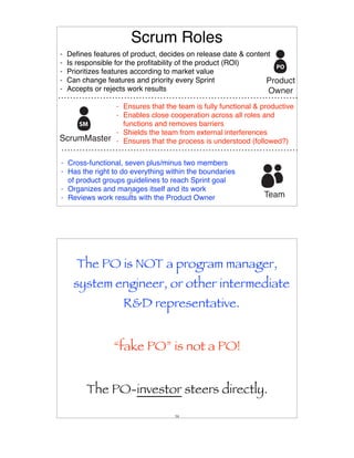 Scrum Roles
-   Deﬁnes features of product, decides on release date & content
-   Is responsible for the proﬁtability of the product (ROI)
-   Prioritizes features according to market value
-   Can change features and priority every Sprint               Product
-   Accepts or rejects work results                             Owner
                  - Ensures that the team is fully functional & productive
                  - Enables close cooperation across all roles and
              functions and removes barriers
            - Shields the team from external interferences
ScrumMaster - Ensures that the process is understood (followed?)

- Cross-functional, seven plus/minus two members
- Has the right to do everything within the boundaries
  of product groups guidelines to reach Sprint goal
- Organizes and manages itself and its work
                     53
- Reviews work results with the Product Owner                   Team




      The PO is NOT a program manager,
     system engineer, or other intermediate
                    R&D representative.


                 “fake PO” is not a PO!


         The PO-investor steers directly.
                                    54
 