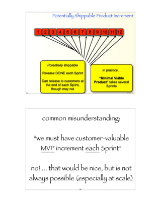 Potentially Shippable Product Increment


       1    2     3     4    5    6          7   8    9 10 11 12




                Potentially shippable
                                                          in practice...
           Release DONE each Sprint
                                                        “Minimal Viable
           Can release to customers at               Product” takes several
             the end of each Sprint,                        Sprints
                 though may not
65                                                                         Craig Larman




           common misunderstanding:


      “we must have customer-valuable
           MVP increment each Sprint”


     no! ... that would be nice, but is not
     always possible (especially at scale)
                                        66
 
