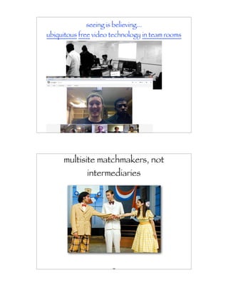 seeing is believing...
ubiquitous free video technology in team rooms




                       163




     multisite matchmakers, not
             intermediaries




                       164
 