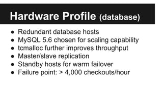 Hardware Profile (database)
● Redundant database hosts
● MySQL 5.6 chosen for scaling capability
● tcmalloc further improves throughput
● Master/slave replication
● Standby hosts for warm failover
● Failure point: > 4,000 checkouts/hour
 