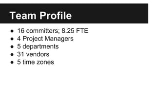 Team Profile
● 16 committers; 8.25 FTE
● 4 Project Managers
● 5 departments
● 31 vendors
● 5 time zones
 