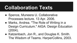 ● Spence, Muneera U. Collaborative
Processes lecture. 13 Apr. 2006.
● Marks, Andrea. "The Role of Writing in a
Design Curriculum." AIGA: Design Education
(2004).
● Katzenbach, Jon R., and Douglas K. Smith.
The Wisdom of Teams. HarperCollins, 2003.
Collaboration Texts
 