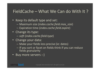 FieldCache – What We Can do With It ?
• Keep its default type and set:
   – Maximum size (index.cache.field.max_size)
   – Expiration time (index.cache.field.expire)
• Change its type:
   – soft (index.cache.field.type)
• Change your data:
   – Make your fields less precise (ie: dates)
   – If you sort or facet on fields think if you can reduce
     fields granularity
• Buy more servers :-)

                   Copyright 2012 Sematext Int’l. All rights reserved
 