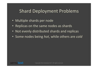 Shard Deployment Problems
•   Multiple shards per node
•   Replicas on the same nodes as shards
•   Not evenly distributed shards and replicas
•   Some nodes being hot, while others are cold




                Copyright 2012 Sematext Int’l. All rights reserved
 