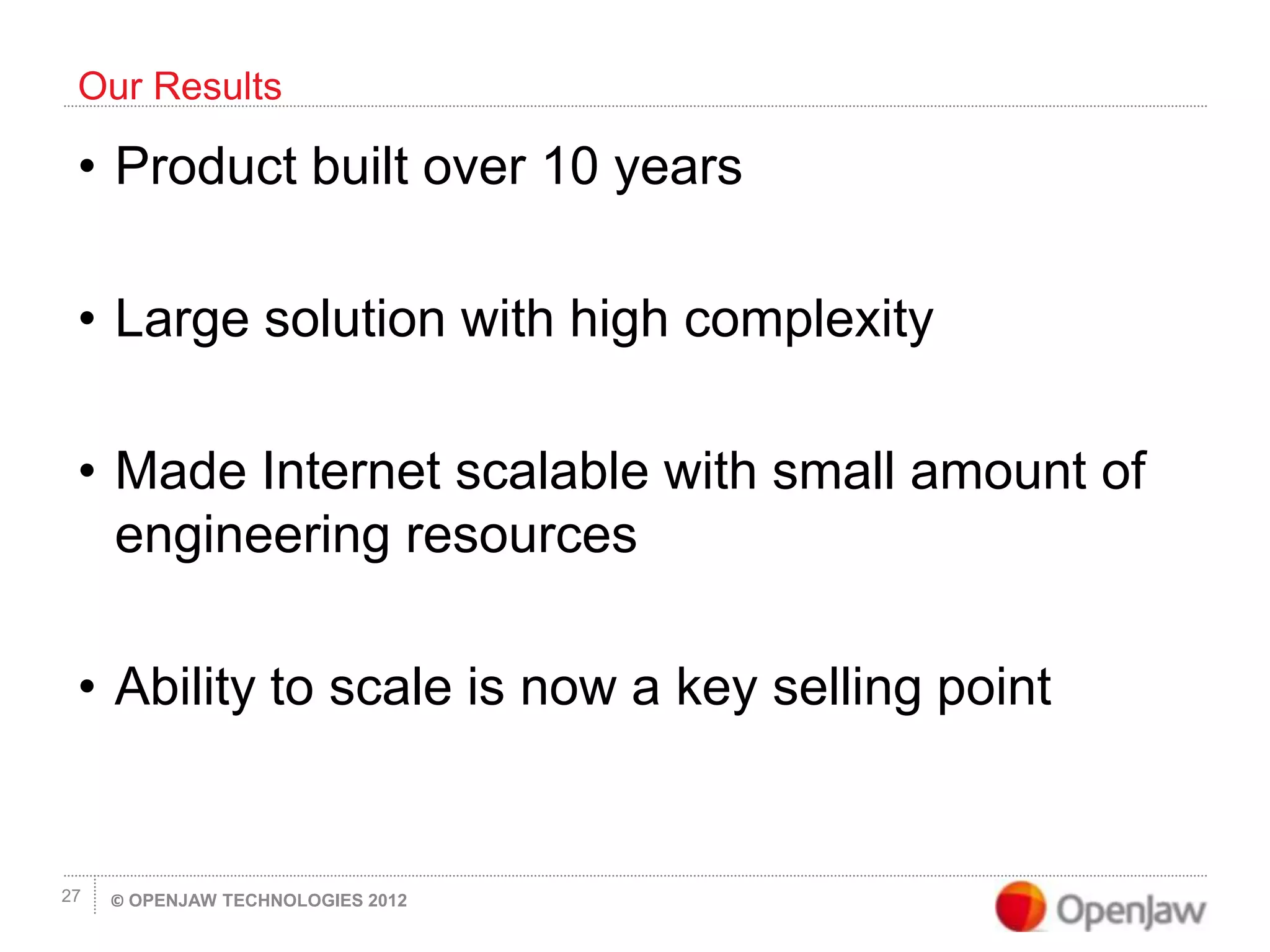 © OPENJAW TECHNOLOGIES 201227
• Product built over 10 years
• Large solution with high complexity
• Made Internet scalable with small amount of
engineering resources
• Ability to scale is now a key selling point
Our Results
 