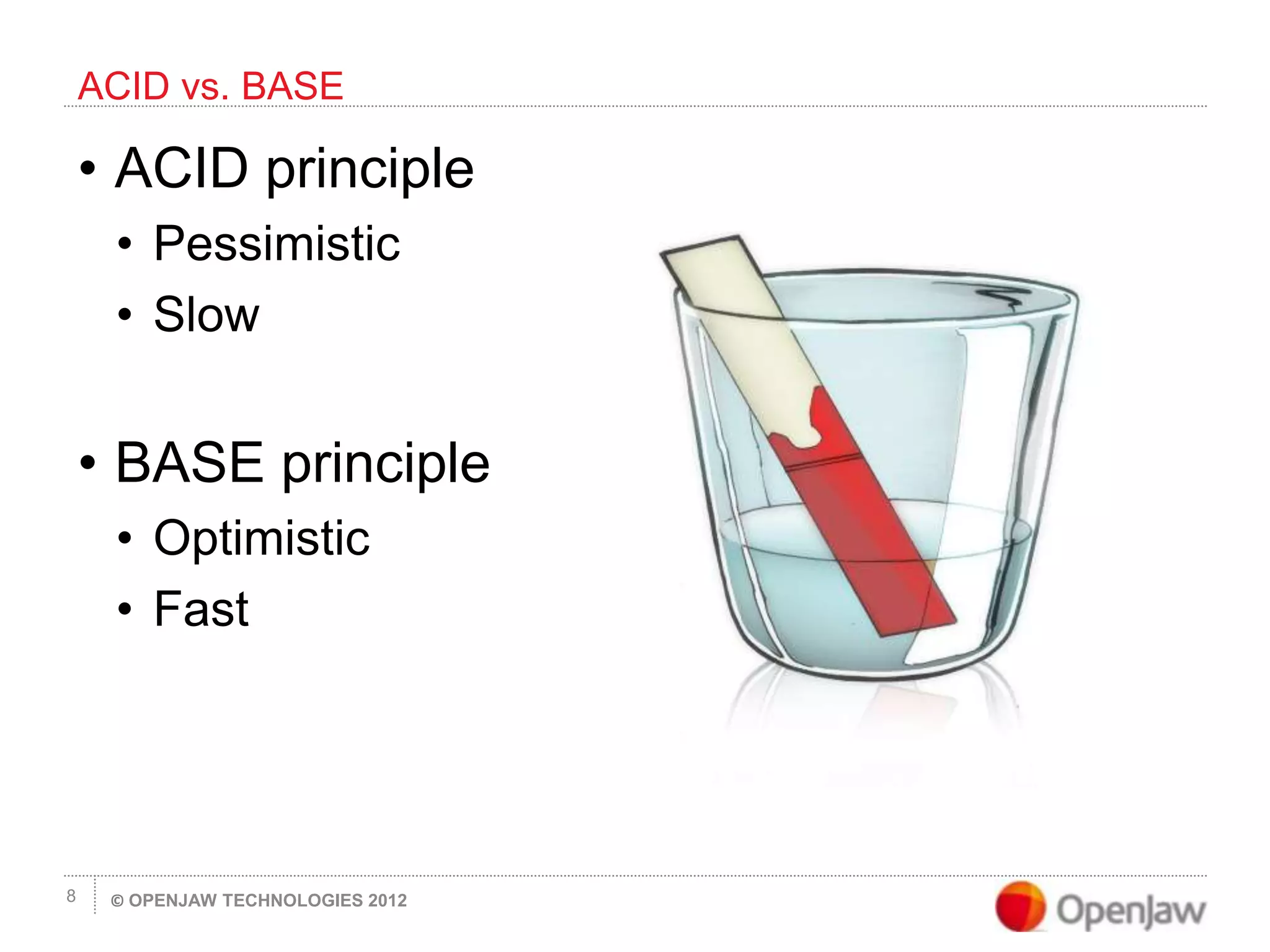 © OPENJAW TECHNOLOGIES 20128
• ACID principle
• Pessimistic
• Slow
• BASE principle
• Optimistic
• Fast
ACID vs. BASE
 