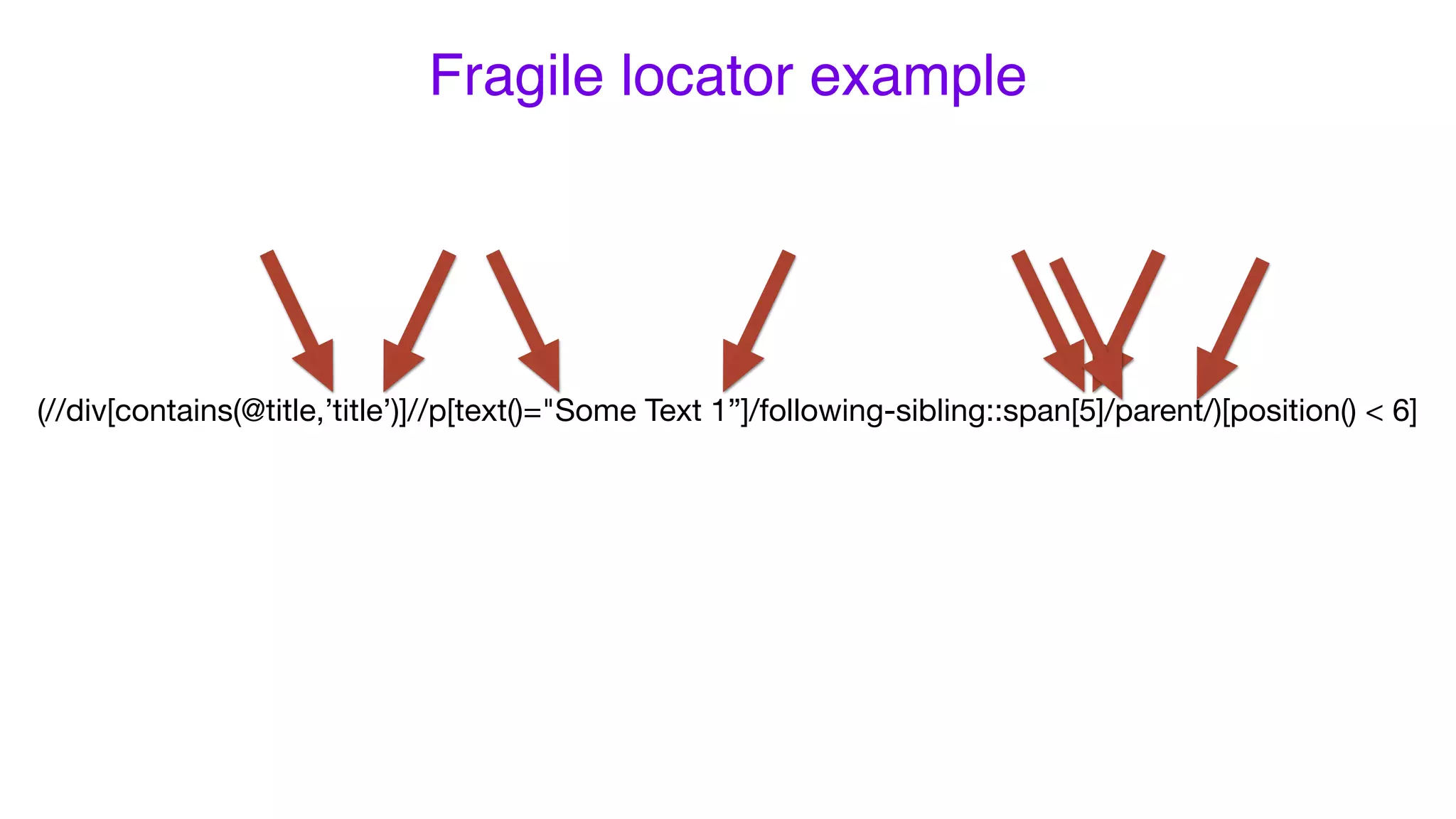 Fragile locator example
(//div[contains(@title,’title’)]//p[text()="Some Text 1”]/following-sibling::span[5]/parent/)[position() < 6]
 