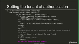 Sai Srirampur | PyConCA 2018
Setting the tenant at authentication
class SetCurrentTenantFromUser(object):
def process_requ...