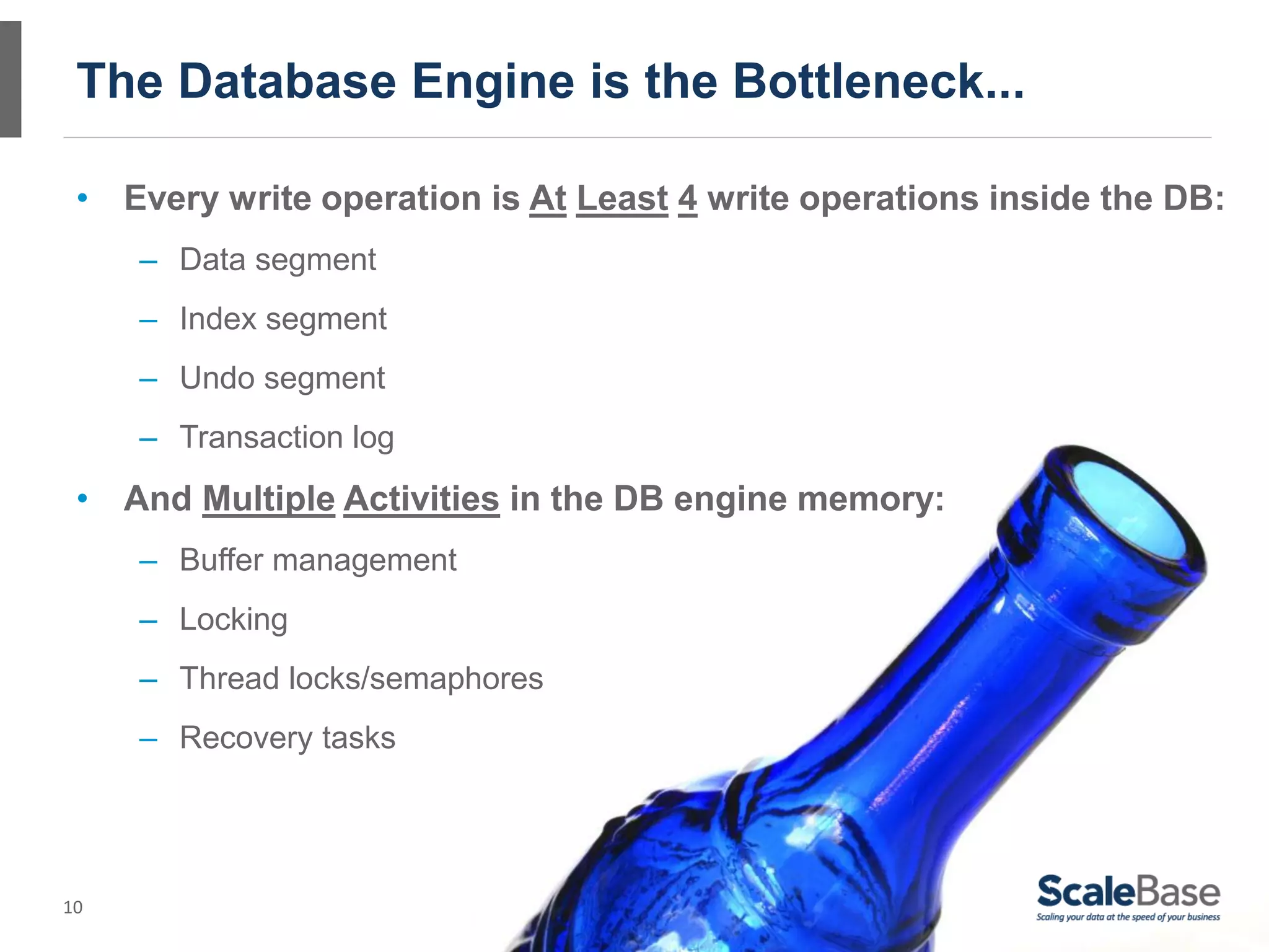 The Database Engine is the Bottleneck...

 • Every write operation is At Least 4 write operations inside the DB:
     – Data segment
     – Index segment
     – Undo segment
     – Transaction log
 • And Multiple Activities in the DB engine memory:
     – Buffer management
     – Locking
     – Thread locks/semaphores
     – Recovery tasks




10
 