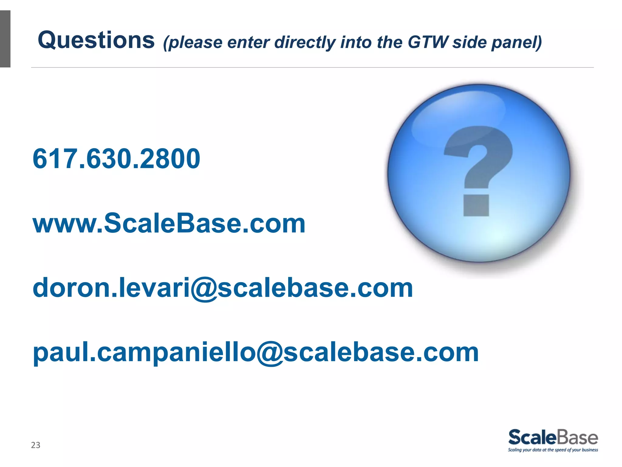 Questions (please enter directly into the GTW side panel)



617.630.2800

www.ScaleBase.com

doron.levari@scalebase.com

paul.campaniello@scalebase.com


23
 