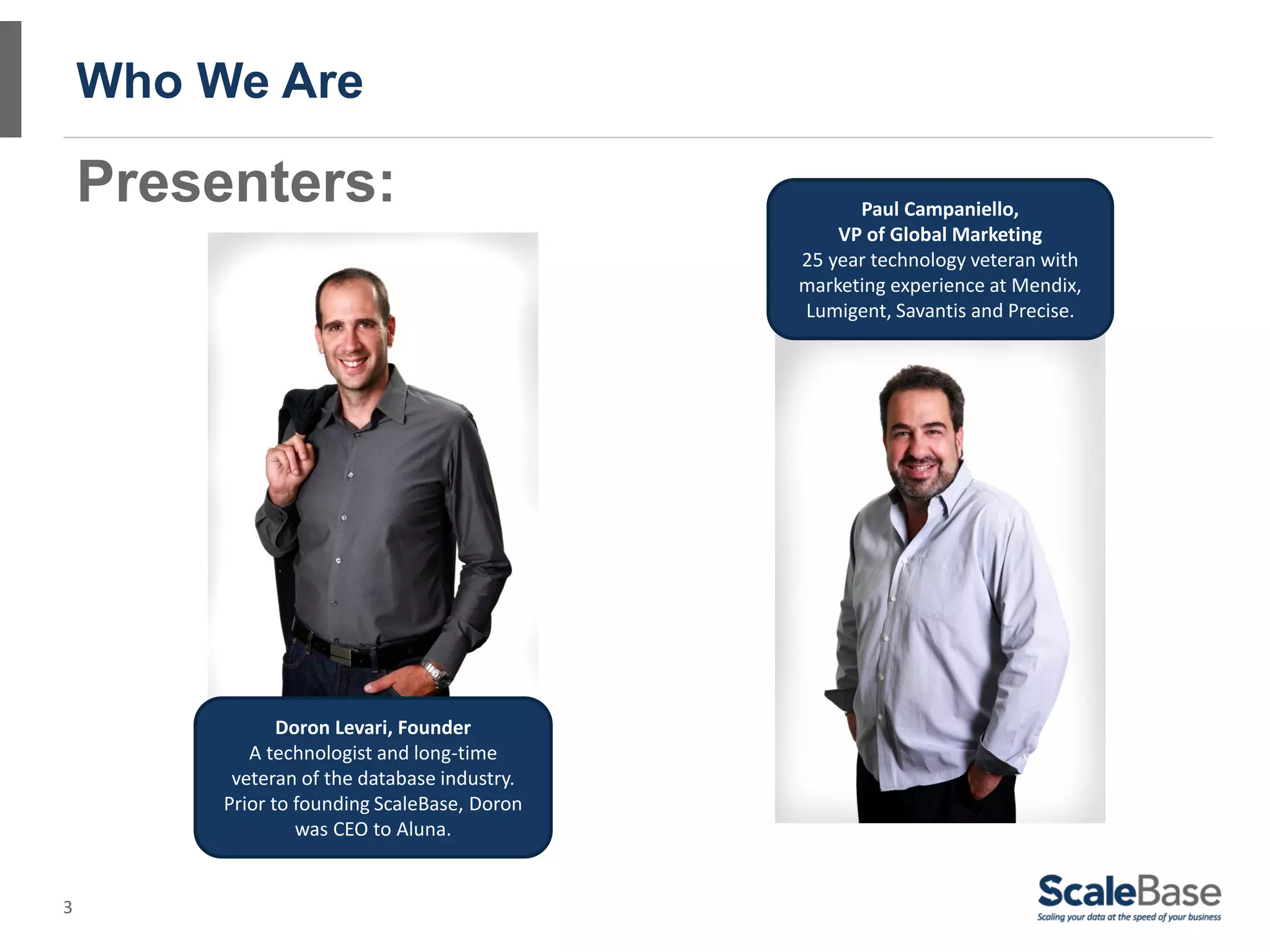 Who We Are

    Presenters:                                     Paul Campaniello,
                                                  VP of Global Marketing
                                              25 year technology veteran with
                                              marketing experience at Mendix,
                                              Lumigent, Savantis and Precise.




                Doron Levari, Founder
            A technologist and long-time
          veteran of the database industry.
         Prior to founding ScaleBase, Doron
                  was CEO to Aluna.


3
 