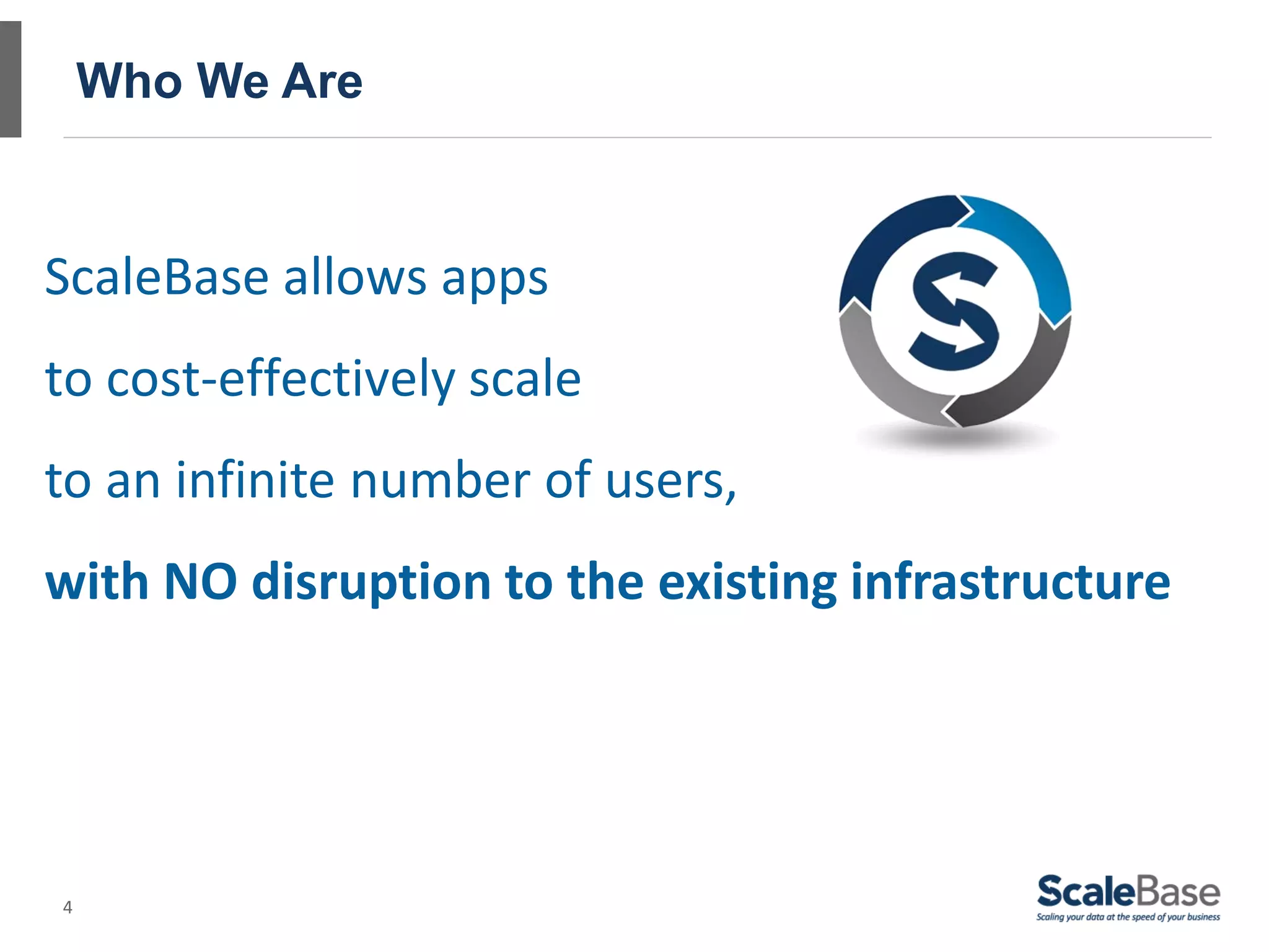 Who We Are


ScaleBase allows apps
to cost-effectively scale
to an infinite number of users,
with NO disruption to the existing infrastructure




4
 